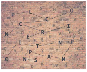  Shows a lot of letters on a brick wall where the letters which are existing in the words Principal Component Analysis are bold and connected with lines. This should illustrate the Pricnipal Component Analysis in such a way that only the important letters are kind of extracted from a bunch of different letters. By omitting all non bold printed letters, we still can form the word Principal Component Analysis, that is by omitting the other letters, we reduce the size of the 'letter salad' without loosing too much information.