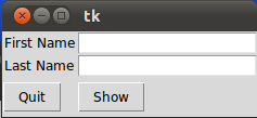 Entry Fields for names plus Show and quit button